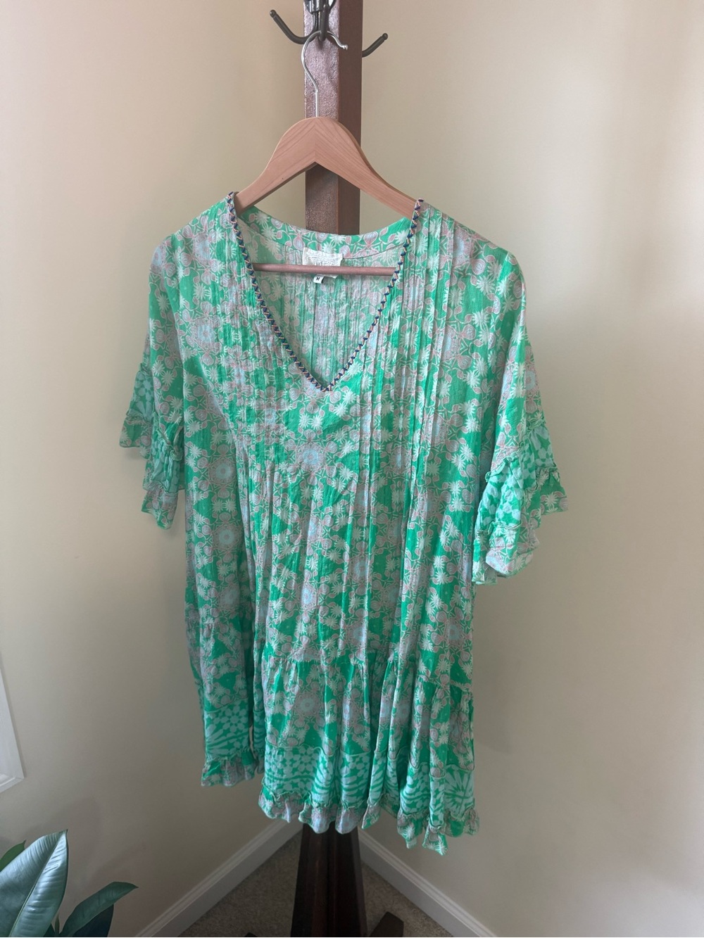Green Floral V-Neck Swim Coverup with Ruffle Sleeves
